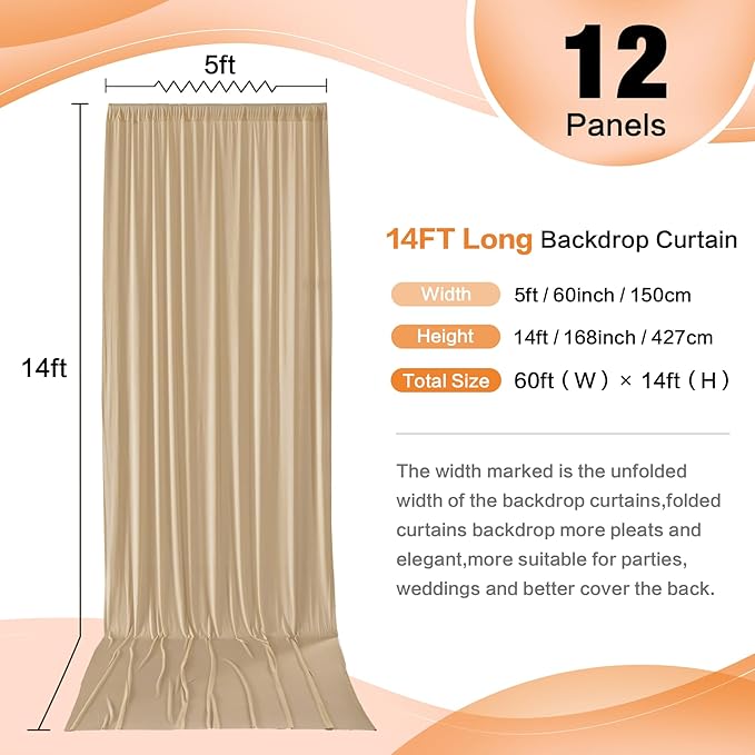 60×14 ft Beige Backdrop Curtain for Wedding Parties, 12 Panels 14ft Long Wrinkle Free Silky Polyester Backdrop Drapes Tan Photo Back Drop Cloth for Birthday Baby Shower Photography Backgrounds