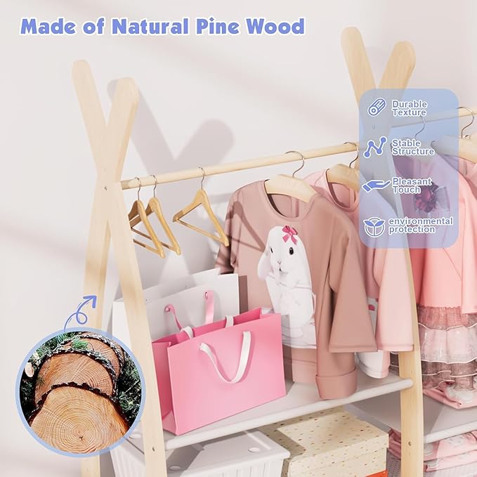Kids Clothing Rack Dress Up Storage Closet for Girls Baby Garment Wardrobe Toddler Costume Closet with Double Hanging Rod Wood 2 Tier Bottom Storage Shelves Organizer