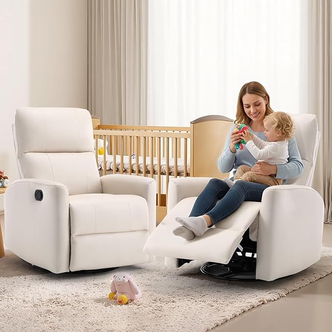 Swivel Rocker Recliner Chair, Manual Faux Leather Glider Rocking Recliners for Adults, 360° Swivel Nursery Reclining Sofa with Padded Backrest for Living Room, White