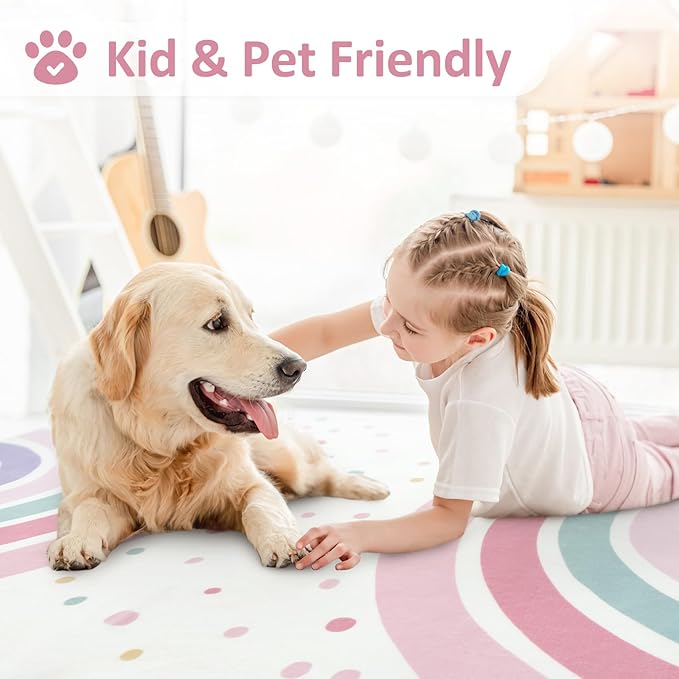 STARUIA 4x6 Washable Rainbow Rug for Nursery Kids Room, Soft Polka Dot Pink Area Rugs for Girls Bedroom, Non-Slip Carpet Kids Rug for Playroom Princess Castle