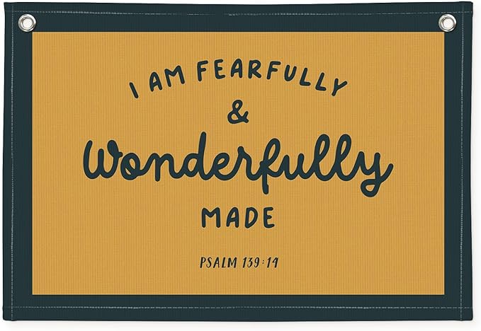 Kids Room Decor - Bible Verse Wall Hanging, 'I am Fearfully and Wonderfully Made' Linen Banner, Canvas Decoration for Classroom, Nursery - Retro