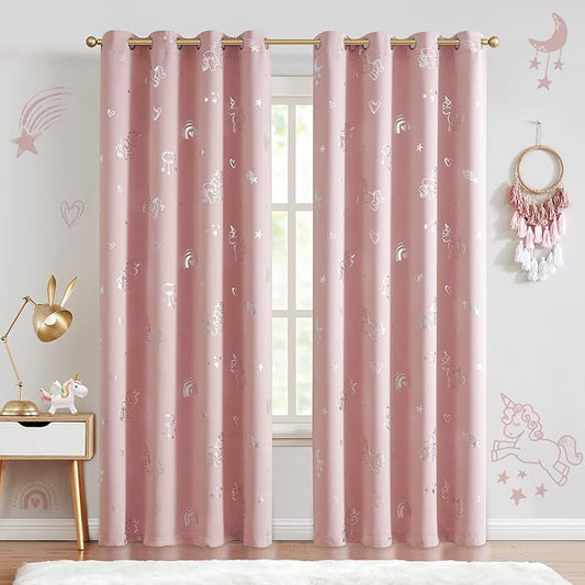 jinchan Pink Blackout Unicorn Curtains for Girls Kids Room Thermal Insulated Room Darkening Rainbow Curtains for Girls Bedroom Living Room Silver Foil Printed Grommet 84 Inch Length Pink 2 Panels