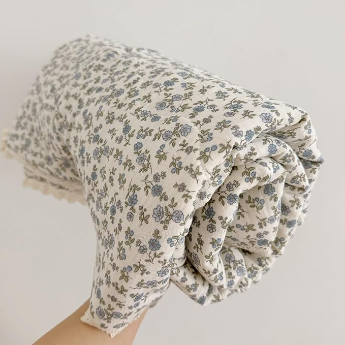 BuLuTu Cotton Muslin Toddler Blanket Blue Floral Print Kids Quilts for Crib Cot Soft Lightweight Boys Girls Comforter for All Seasons, Machine Washable, 47x59 Inches