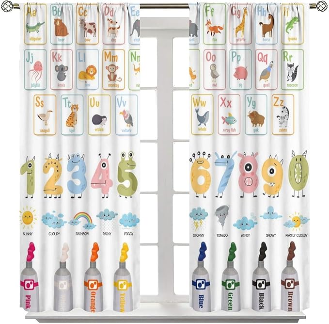Alphabet Learning Curtain for Kids, Colorful Cartoon Animal Multiplication Table Educational, Classroom Child Printed Rod Pocket Blackout Window Drapes for Bedroom Living Room 42" W X 63" L