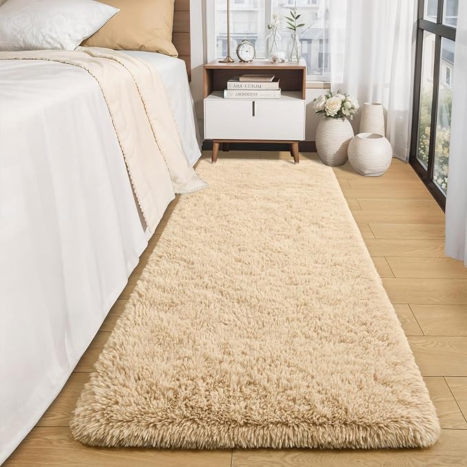 Merelax Soft Fluffy Rugs for Bedroom Living Room, 2x6 Hallway Runner Rugs, Furry Shag Bedside Area Rug Indoor Accent Floor Carpet, Plush Fuzzy Rug for Dorm Nursery Kids Room Decor, Beige