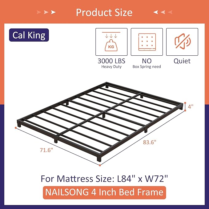 4 inch Cal King Bed Frame Low Profile, California King Bed Frames No Box Spring Needed, Heavy Duty Metal, Easy Assembly, Black