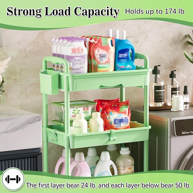 4 Tier Rolling Utility Cart with Drawer, Storage Organizer Cart with 2 Lockable Wheels, Multifunctional Rolling Storage Cart for Bathroom, Kitchen, Craft, Makeup, Baby Essentials, Green