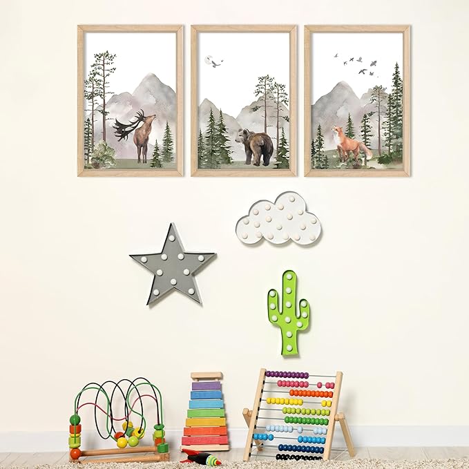 YWJKWLGS Wild Woodland Animals Nursery Wall Art Decor 11"×16" Set of 3 Jungle Theme Safari Forest Deer Bear Fox Posters Wood Framed Sign for Children's Boys Girls Room Watercolor Prints Hanging (Wood)