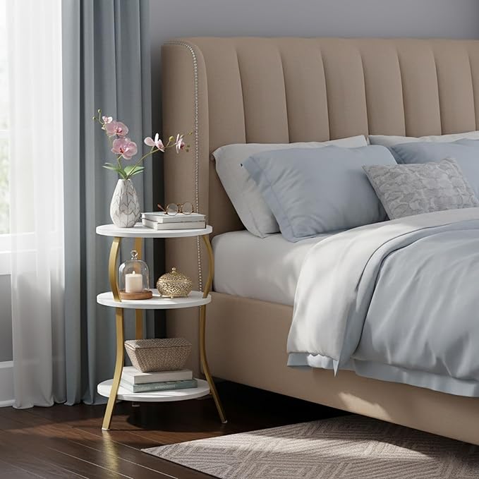 Small Round Side Table with Charging Station, 3-Tier Waist Circular End Table with Storage Shelf, Compact Tea Sofa Side Table Small Spaces, Round Corner Coffee Table for Living Room Bedroon,White+Gold
