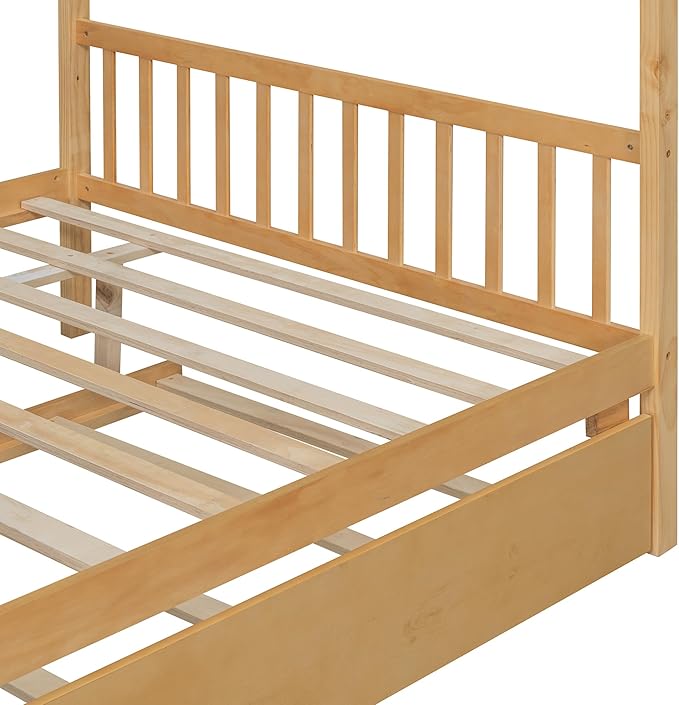 Harper & Bright Designs Full House Bed for Kids, Wood Montessori Beds with Trundle, Full Platform Bed Frame with Roof, Playhouse Bed for Kids,Teens, Bedroom, Natural