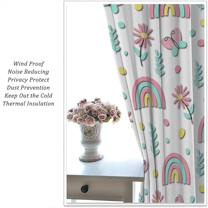 Kids Rainbow Curtains Boho Cartoon Colorful Stars Love Heart Lovely Abstract Art Pattern Print Window Drapes for Girl Bedroom Living Room Kitchen Decor,2 Panel Set,42Wx63H Inch Blackout