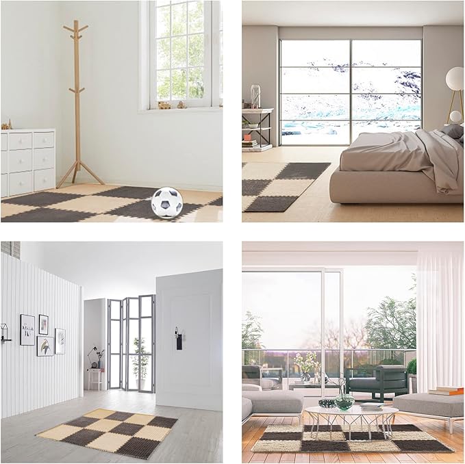 12 pcs Thickened Plush Interlocking Floor Mat 0.6" Thick- Fluffy Square Tiles with 12 Edgings Soft Anti-Slip Puzzle Area Rug Playmat for Room (11.8", Gray & Light Brown)
