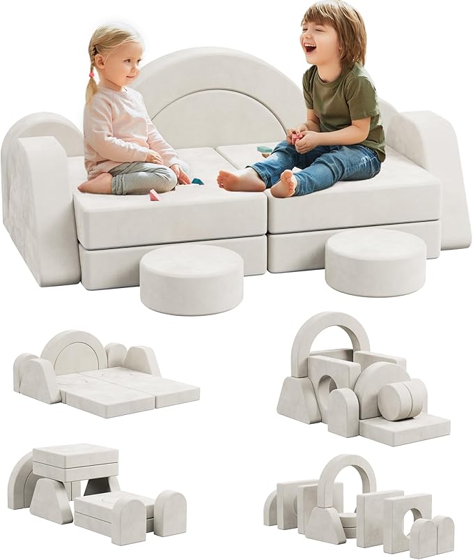 12 PCS Modular Kids Play Block Couch Child Sectional Soft Sofa Toddler Building Fortplay Climbing Bedroom Playroom Baby Convertible Floor Foam Cushion for Boys & Girls (Cream+Double Seat-1)