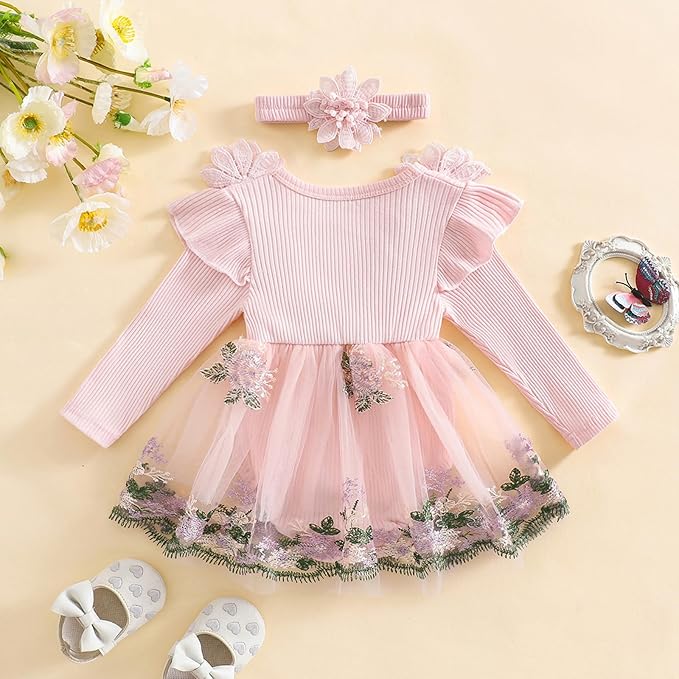 Giraropa Baby Girl Fall Winter Clothes Long Sleeve Romper Dress + Socks + Headband Newborn Infant Cute Casual Outfits