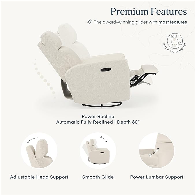 Nurture& The Glider Plus - Premium Nursery Power Recliner | Swivel Chair with Adjustable Head Support | Adjustable Lumbar Support Built in USB The Ultimate Comfort for Nursing, Relaxing (Boucle Creme)