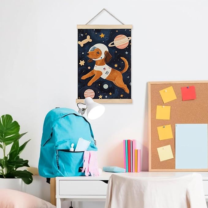 URLLUAE Astronaut Dog Space Wall Art Posters for Kids Room, Cute Outer Space Planet Poster Hanger Frame for Boys Bedroom Classroom Nursery Playroom Wall Decor, 12x16 Inch