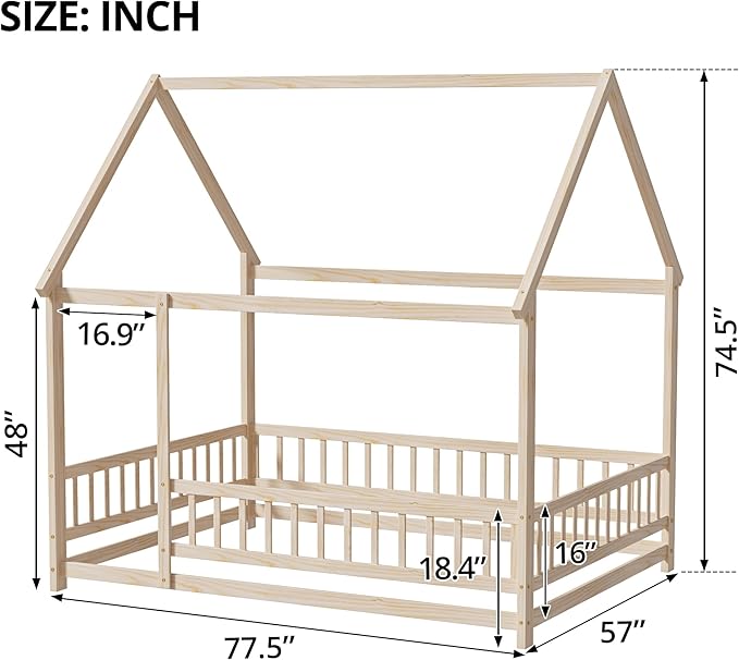 LLS Full Size House Bed with Fence, Wooden Montessori Bed with Roof Design, Floor Bed Frame for Boys Girls Bedroom, Natural