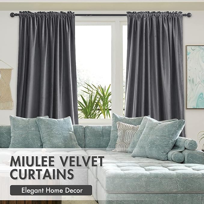 MIULEE Grey Velvet Curtains Thermal Insulated Blackout Curtain Drapes for Bedroom Living Room Darkening 90 Inches Long Curtains Panels Rod Pocket Set of 2