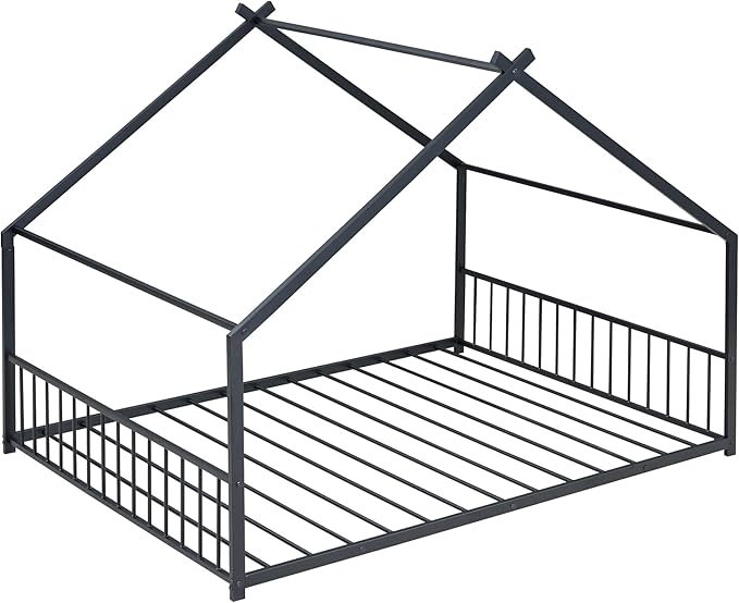 Full Size House Shaped Montessori Platform Beds, Wood Floor Bed Frame with Roof and Fence Deisgn, Kids Double Toddler Bed for Children Boys Girls, Easy Assemble, No Box Spring Needed, Black