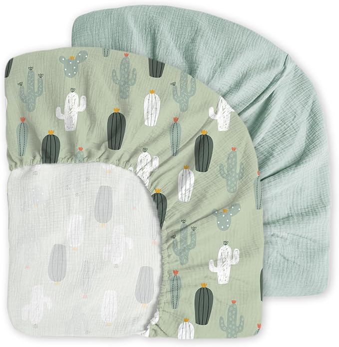 Little Grape Land Muslin Crib Sheets Fitted for Boys and Girls 2 Pack, 100% Cotton Baby Bed Sheets Soft Breathable, Neutral Fitted Baby Mattress Sheets for Standard Crib 52x28 inches, Cactus