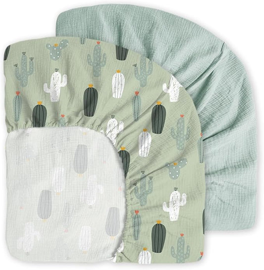 Little Grape Land Muslin Crib Sheets Fitted for Boys and Girls 2 Pack, 100% Cotton Baby Bed Sheets Soft Breathable, Neutral Fitted Baby Mattress Sheets for Standard Crib 52x28 inches, Cactus
