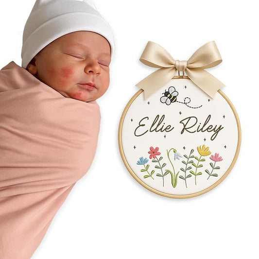 Personalized Baby Name Sign Welcome Baby Announcement Sign Newborn Baby Embroidery Hoop with Bows Baby Hospital Name Sign Custom Infant Baby Name Baby Shower Gifts (07)