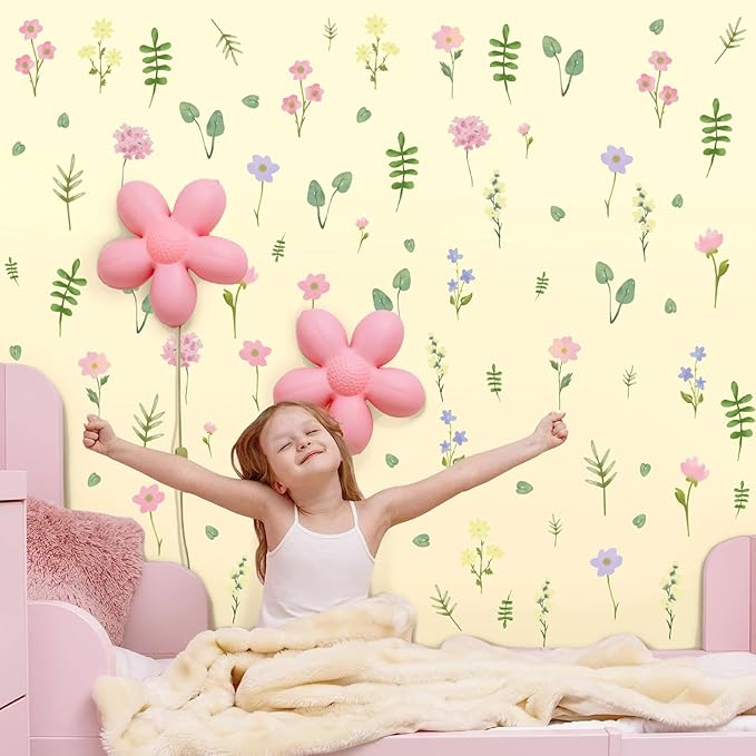 Flower Floral Wall Decal Small Colorful Flower Wall Stickers Flowers Leaves Decals Wildflower Floral Leaf Sticker Cute Flower Leaf Decal for Nursery Girls Room Bedroom Decor