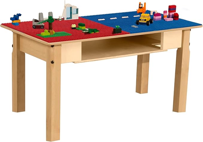 Contender Time-2-Play Deluxe Hardwood Red & Blue Lego Compatible Play Table for Kids with Storage, Activity Desk for Playroom with 30.75" W Rectangular Table Top & 16" Long Legs