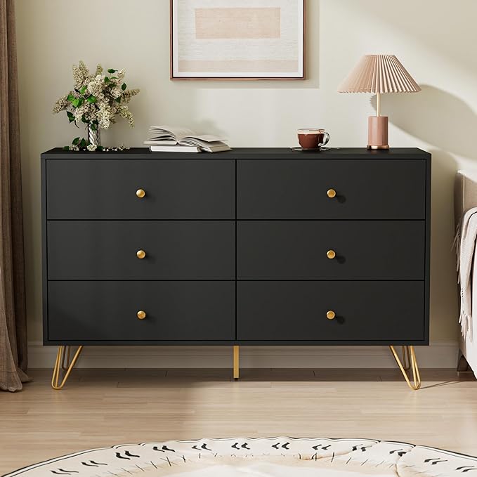 Black Dresser for Bedroom, 6 Drawer Dresser with Golden Handles, Large Storage Cabinet, Modern Chest of Drawers Organizer Storage for Hallyway, Entryway