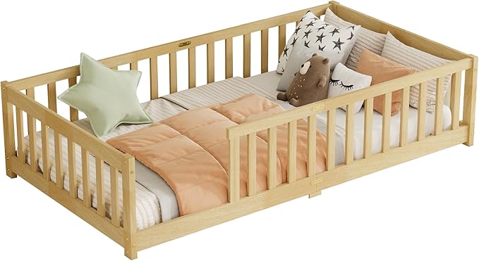 Twin Size Floor Bed for Kids, Wood Montessori Floor Beds with Fence Railings and Slats Support, Twin Playhouse Bed Frame for Boys Girls, No Box Spring Needed, Natural
