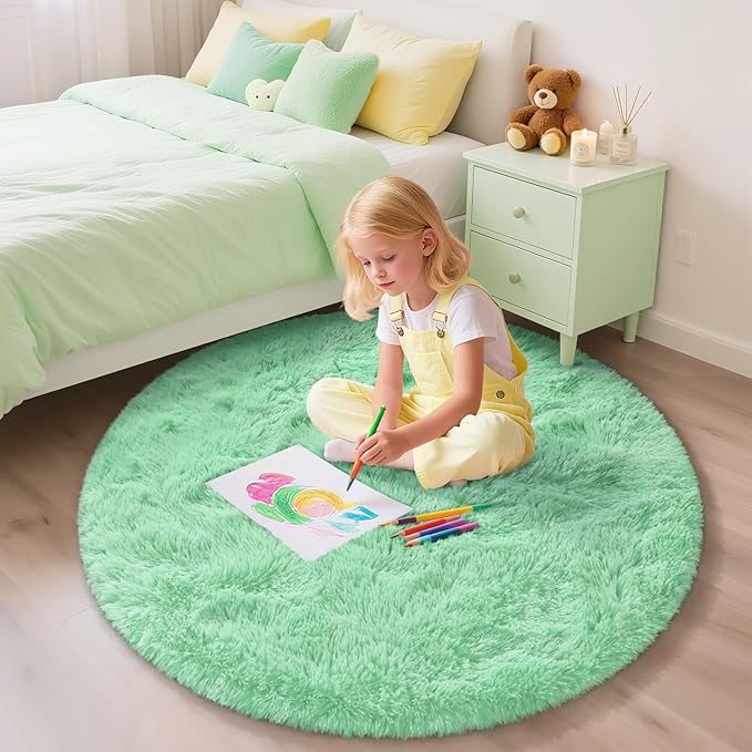 EVOIONOS Sage Green Round Rug for Bedroom, 4x4 Ft Fluffy Soft Circle Area Rugs for Living Room, Plush Shaggy Circular Carpet Indoor Floor Bedside Kids Nursery, Machine-Washable Home Decor Aesthetic