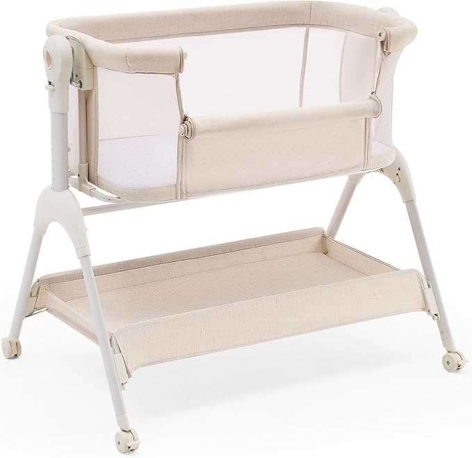 HARPPA Cuddly Baby Bassinet Bedside Sleeper, 3 in 1 Rocking Bassinet with Mattress and Soft Cover, Full Mesh Sides, 5 Height Adjustable with Wheels for Newborns, Beige