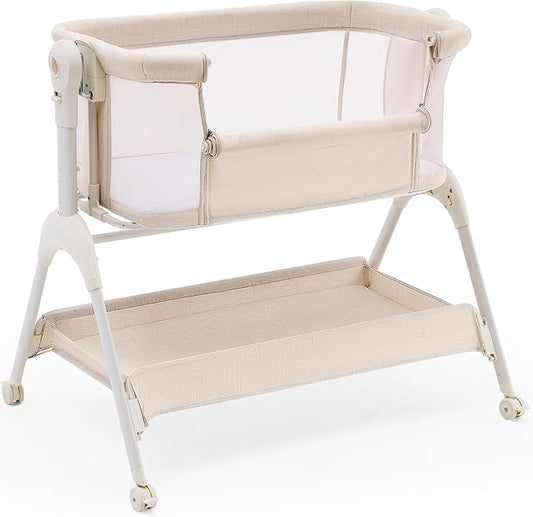 HARPPA Cuddly Baby Bassinet Bedside Sleeper, 3 in 1 Rocking Bassinet with Mattress and Soft Cover, Full Mesh Sides, 5 Height Adjustable with Wheels for Newborns, Beige