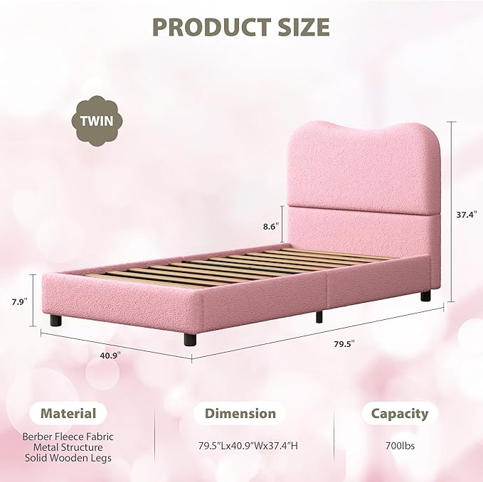 Senfot Pink Twin Kids Bed Frame with Upholstered Headboard, Low Profile Sturdy Platform Bed with Soft Boucle Fabric for Girls and Boys, Heavy Duty, Wooden Slats, Noise Free, No Box Spring Needed