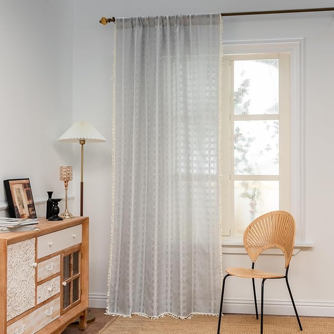 Deeprove Silver Grey Boho Curtain 72 inches Length for Bedroom Laundry Room Bathroom Antique Bohemian Light Gray Sheer 72 inches Long Stripe Embroidery Privacy Window Tassel Decor W52 x L72, 1 Panel