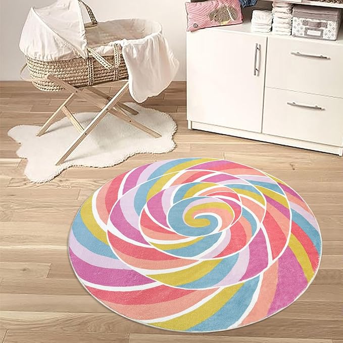 Kids Rug Pink Circle Rug for Girls Bedroom Round Rainbow Lollipops Nursery Mat 2.6Ft Chic Bedside Carpet for Children Cartoon Crawling Mat for Playroom Candy Decorations Indoor Home Decor
