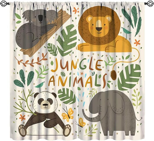 Jungle Animals Curtains Colorful Cute Cartoon Forest Animal Lion Elephant Koala Panda Leaves Kids Bedroom Nursery Bathroom Decor Rod Pocket Blackout 2 Panels 42x54in