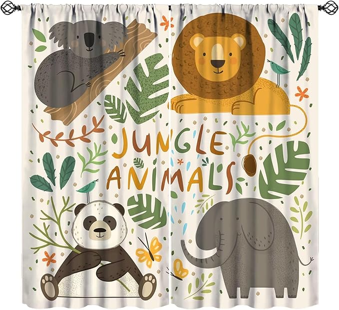 Jungle Animals Curtains Colorful Cute Cartoon Forest Animal Lion Elephant Koala Panda Leaves Kids Bedroom Nursery Bathroom Decor Rod Pocket Blackout 2 Panels 52x84in