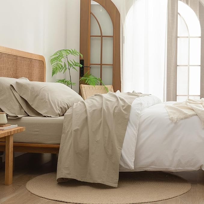 BESTOUCH Sheet Set 100% Washed Cotton Linen Feel Super Soft Comfortable Chic Lightweight 4 Pcs Home Bedding Set Solid Almond Milk Grey Cal King