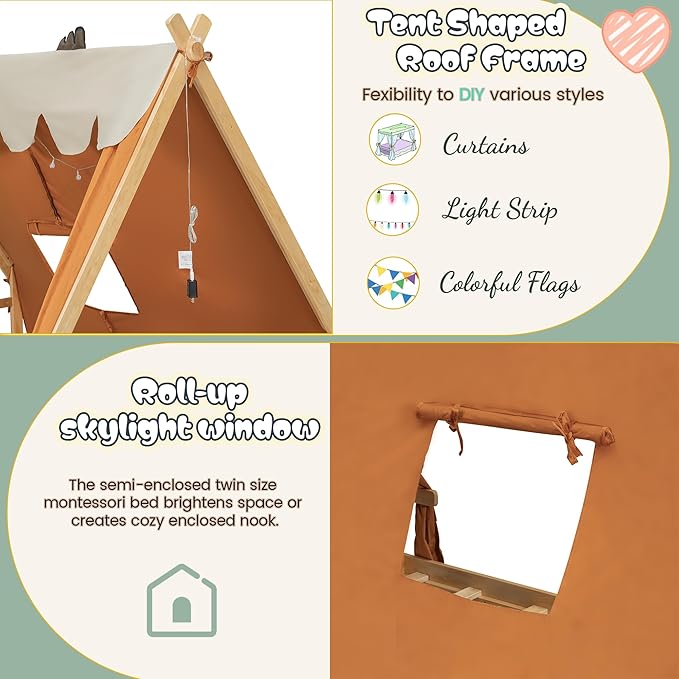 Montessori Floor Bed Full with Tent & Light, Wood Full House Beds for Kids, DIY Playhouse, Low-Profile Teepee Bed, Playful Indoor Adventure & Sleep for Girls Boys,Natural+Brown