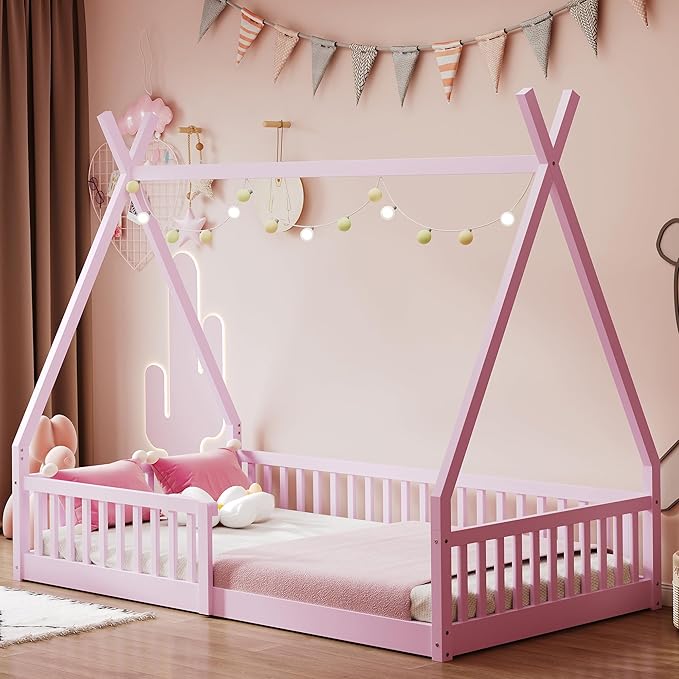 Twin House Bed with Fence Rails, Wood Montessori Floor Bed with Slats Support, Twin Size Teepee Tent Beds Kids Bed Frames for Girls Boys,Pink
