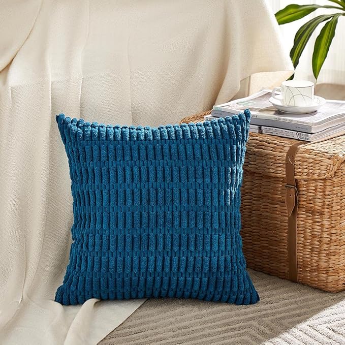 Fancy Homi 2 Packs Teal Decorative Throw Pillow Covers 20x20 Inch for Living Room Couch Bed Sofa, Rustic Farmhouse Boho Home Decor, Soft Striped Corduroy Square Cushion Case 50x50 cm