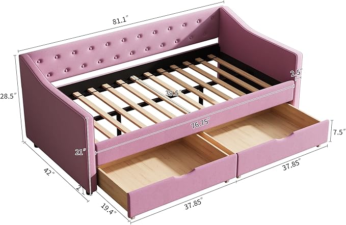 Ball & Cast Twin Size Daybed with Storage Drawers,Linen Upholstered Day Bed Frame with Button Tufted Back and Waved Shape Arms for Bedroom,Guest Room,No Box Spring Needed,Pink