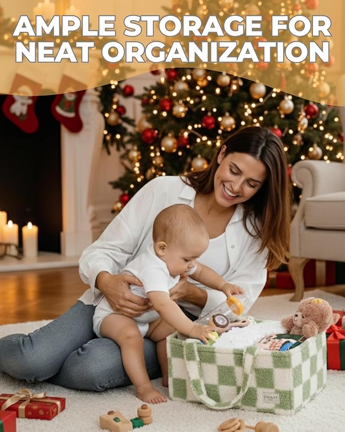 Checkered Diaper Caddy Organizer with Portable Changing Mat - Teddy Fleece Diaper Organizer for Changing Table - Caddy Organizer with Removable Dividers - Green and White