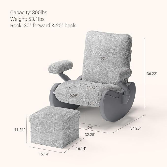MAMAZING Nursery Rocking Chair Glider with Ottoman for Breastfeeding, Upholstered Nursing Chair with Removable Cover for Mom and Baby, Reading Chair for Bedroom, Living Room(Grey/Grey)