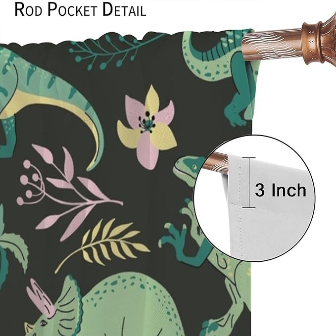 Dinosaurs Blackout Curtains Cartoon Cute Funny Dino Tropical Jungle Green Art Print for Kids Boys Bedroom Living Room Rod Pocket Decoration Window Drapes 2 Panels W42xL84in