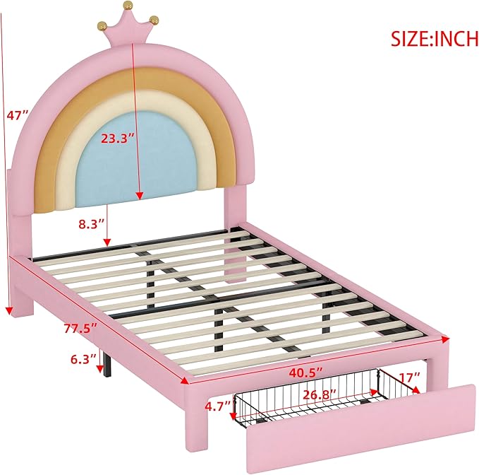 LUMISOL Princess Bed Frames for Kids,Twin Rainbow Bed Frame with Drawers, Upholstered Platform Bed, Velvet Bed for Girls, Fits Standard Twin Mattress, Pink
