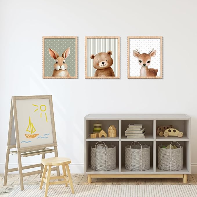 Woodland Nursery Wall Art Decor, Set of 3 Wood Framed Animal Wall Prints Artwork Cute Rabbit Deer Bear Wooden Wall Decoration for Baby Girl Boy Kids Nursery Toddler Room Bedroom Playroom