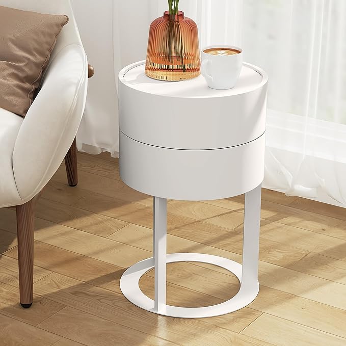Round Side Table with Hidden Storage Drawers, Modern Nightstand with Swivel Drawer, Minimalist Bedside Table for Bedroom, Living Room, White