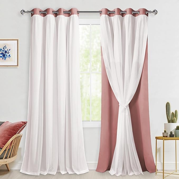 Hiasan Double Layer Blackout Curtains with Sheer Overlay, Extra Long Mix & Match Thermal Insulated Grommet Window Curtains for Bedroom, Living Room, 2 Panels with Tiebacks,Dusty Rose, 52W X 108L